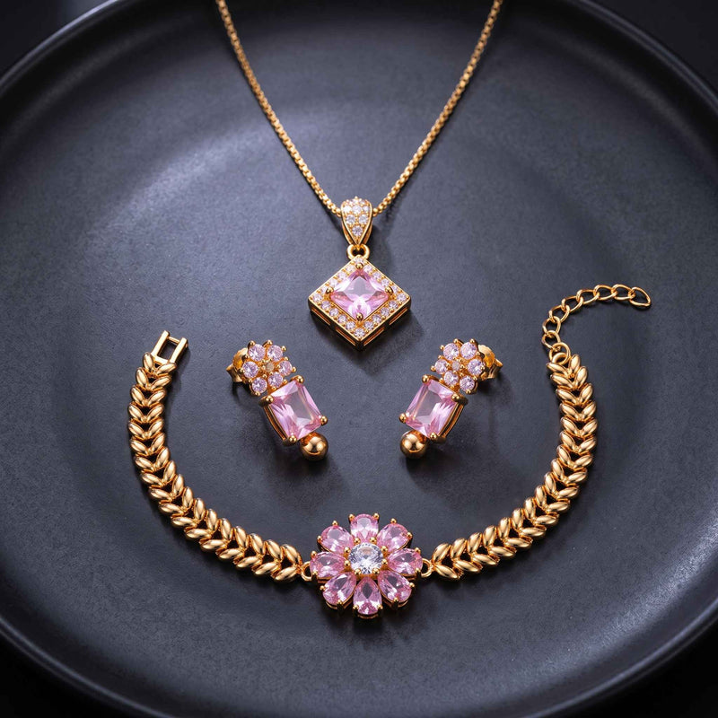 Latest Pink Crystal Gold Plated Jewelry Set Design 2026 | Stylish Pendant Set