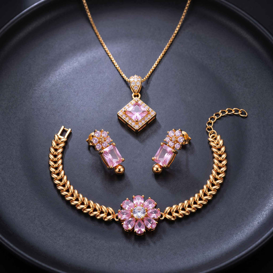 Latest Pink Crystal Gold Plated Jewelry Set Design 2026 | Stylish Pendant Set